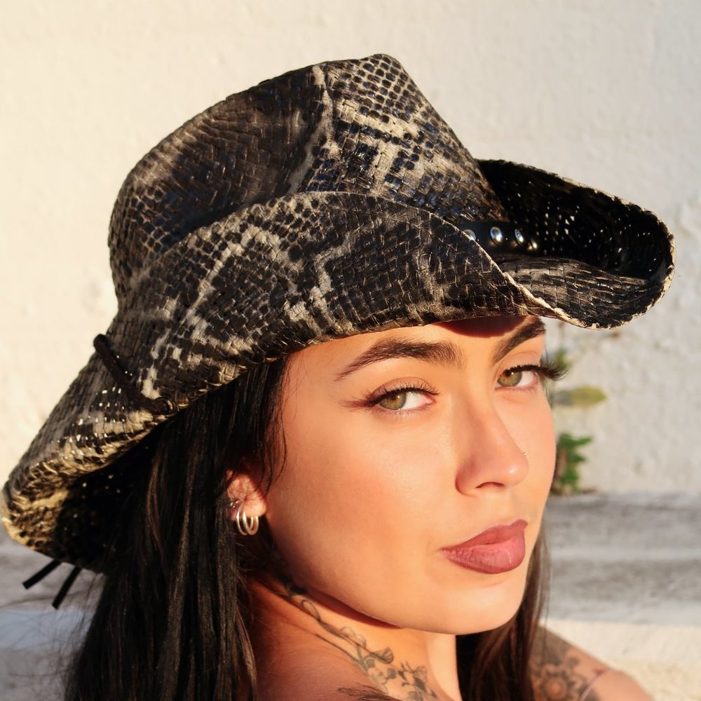 Custom Painted Snakeskin Straw Cowboy Hat w/Hat Band